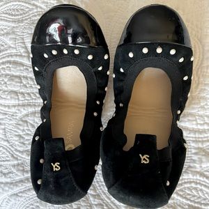 Yosi Samra Black Suede Pearl Studded ballet flat with black patent toe.